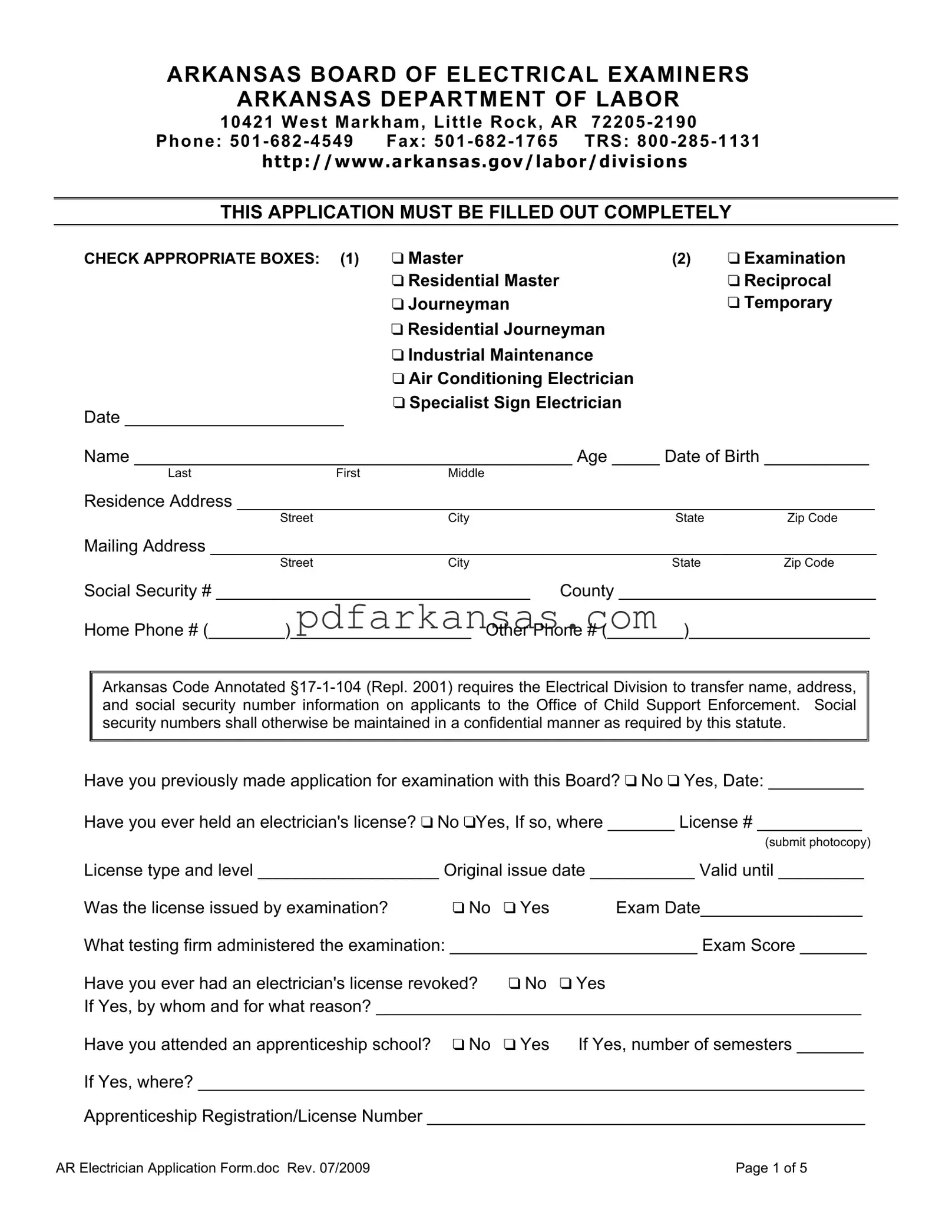 Fill in a Valid Ar Electrician Application Form
