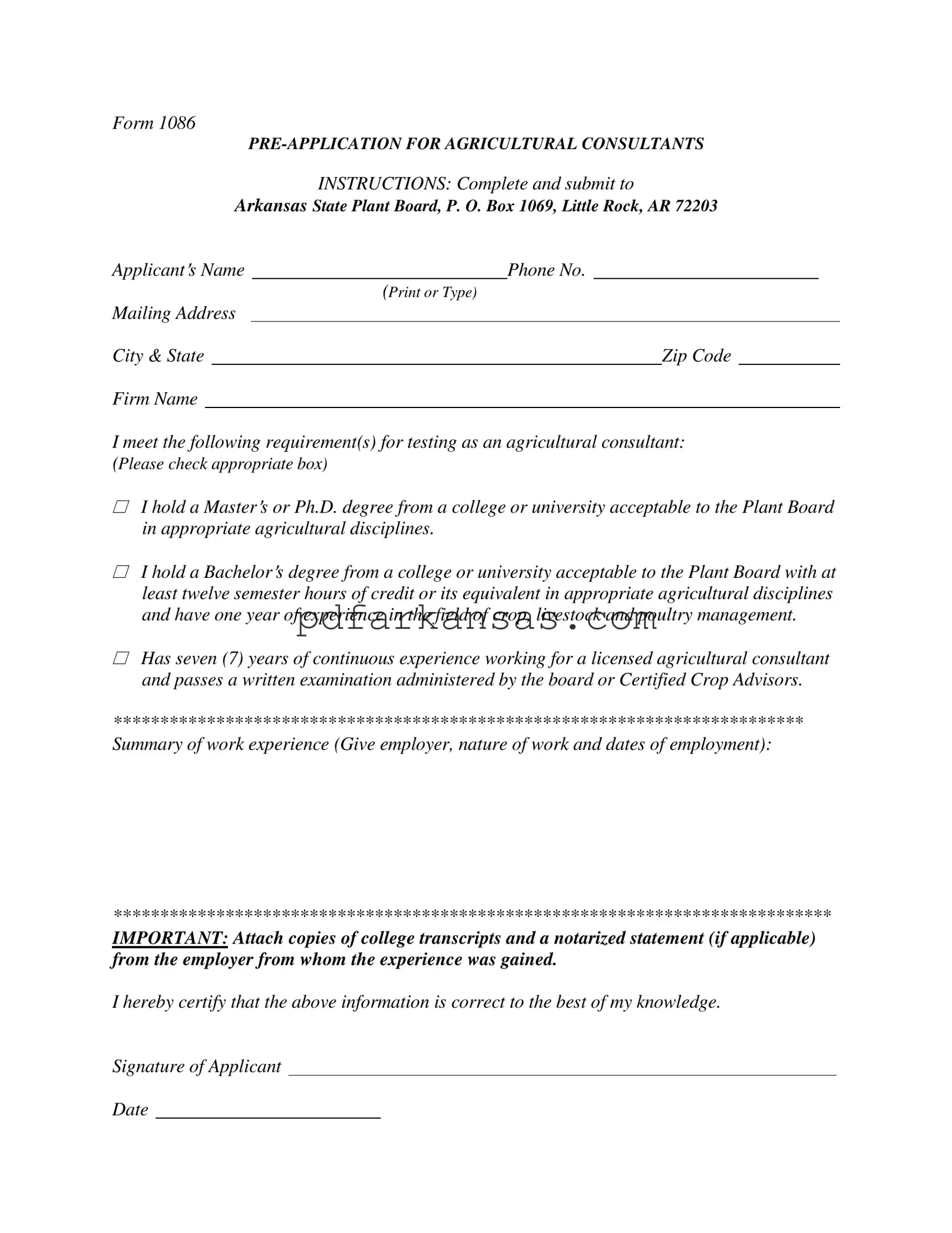 Fill in a Valid Arkansas 1086 Form