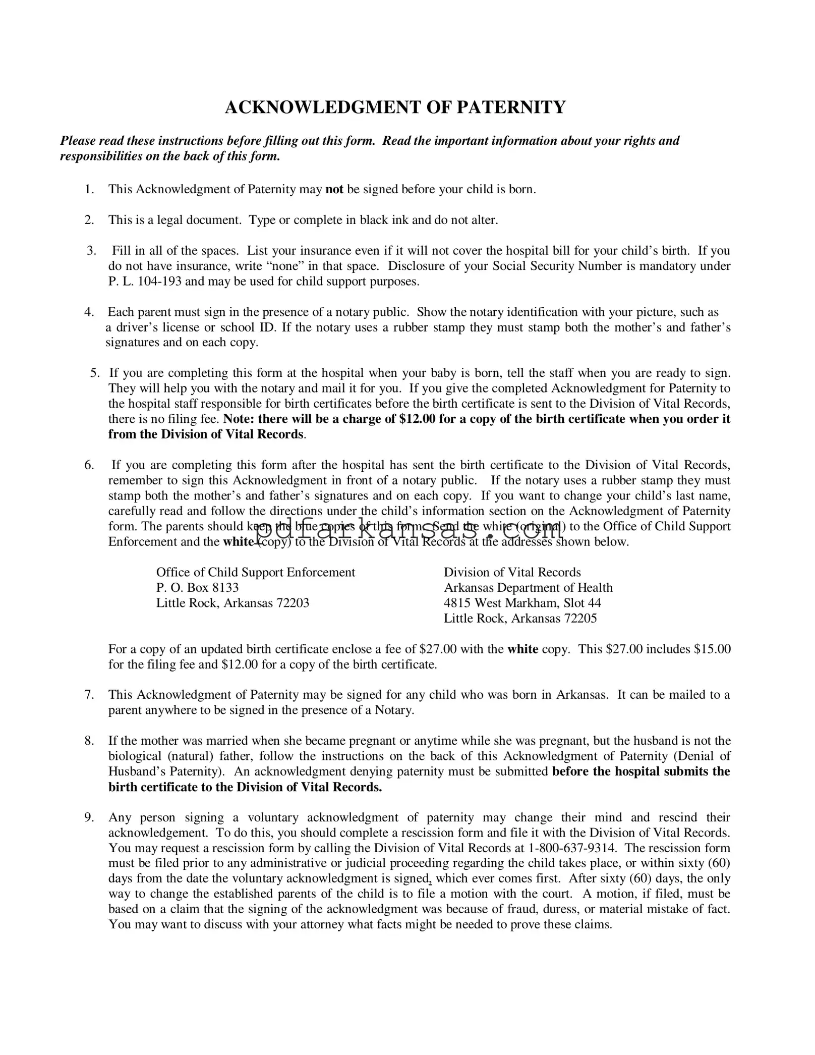Fill in a Valid Arkansas Acknowledgement Paternity Form
