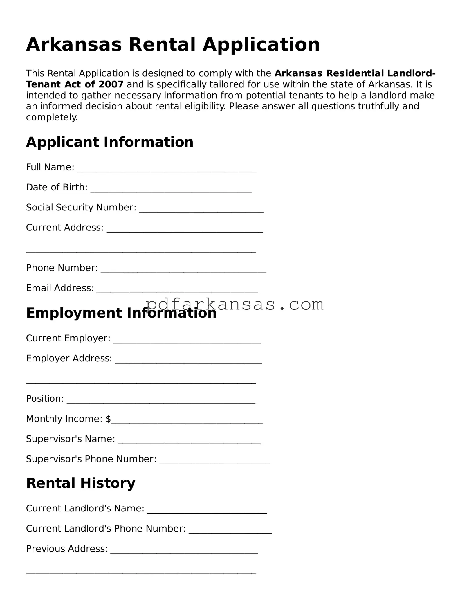 Attorney-Approved  Rental Application Form for Arkansas
