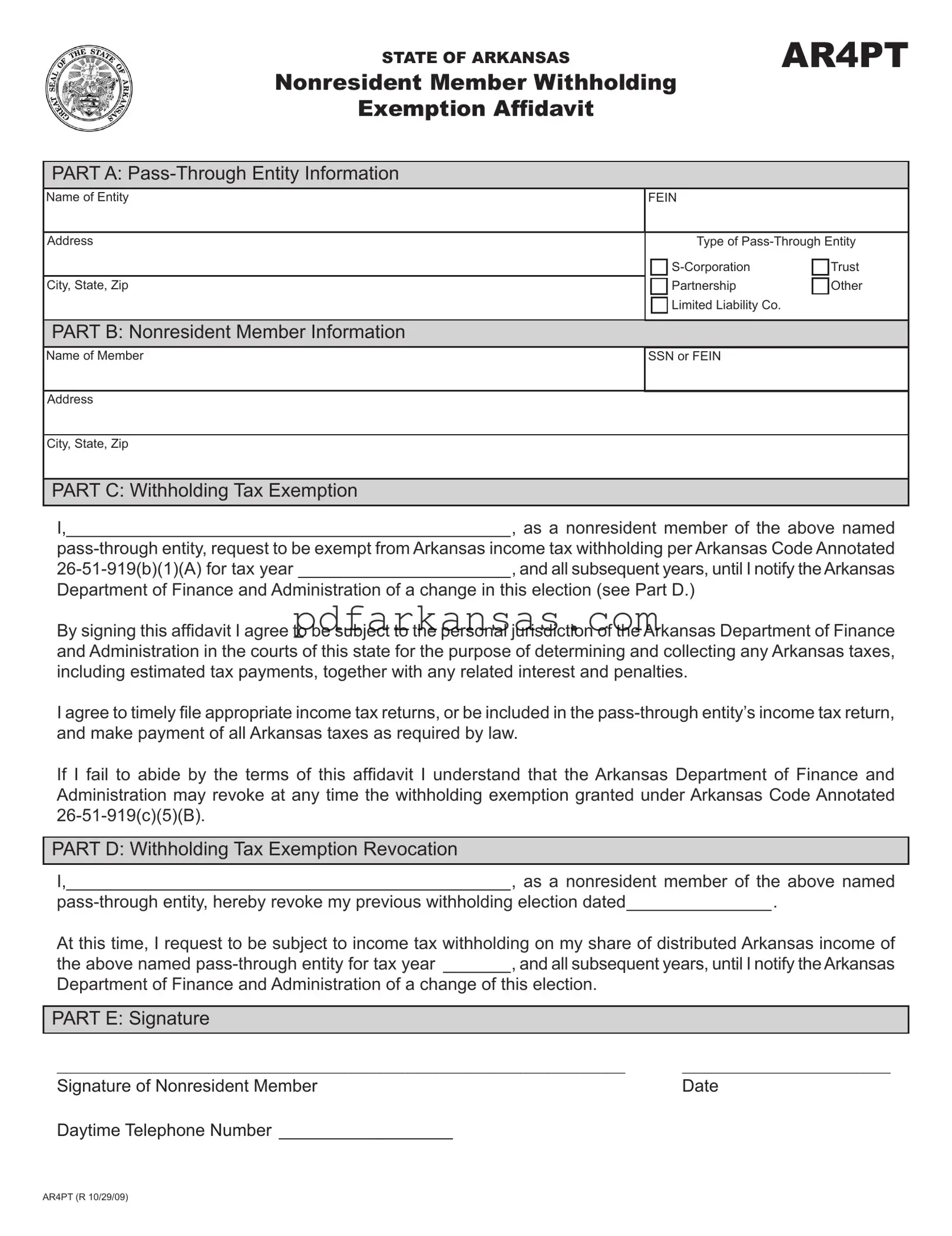 Fill in a Valid Arkansas Ar4Pt Form