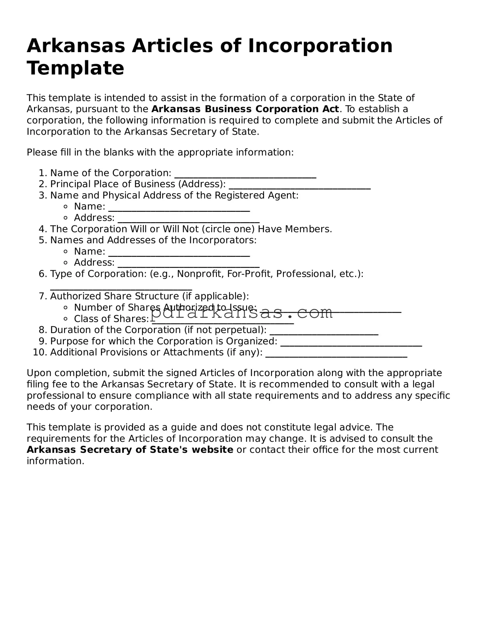 Attorney-Approved  Articles of Incorporation Form for Arkansas