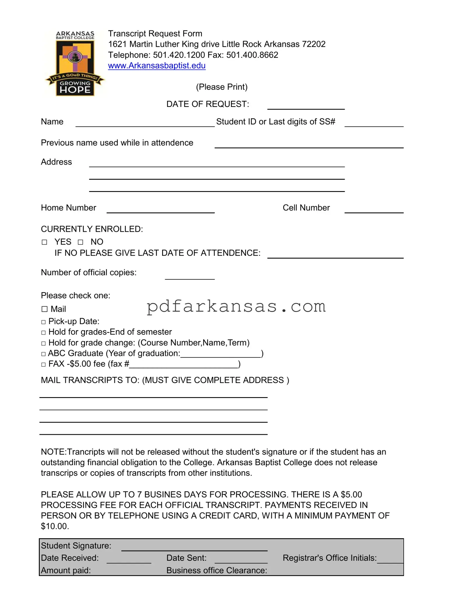 Fill in a Valid Arkansas Baptist Transcript Form