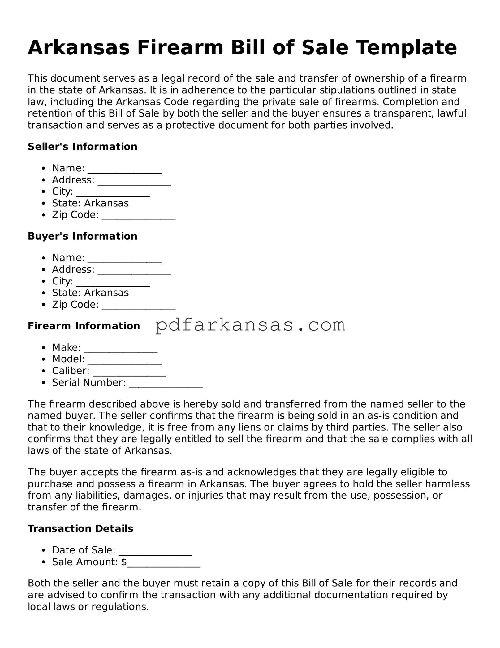 Attorney-Approved  Firearm Bill of Sale Form for Arkansas