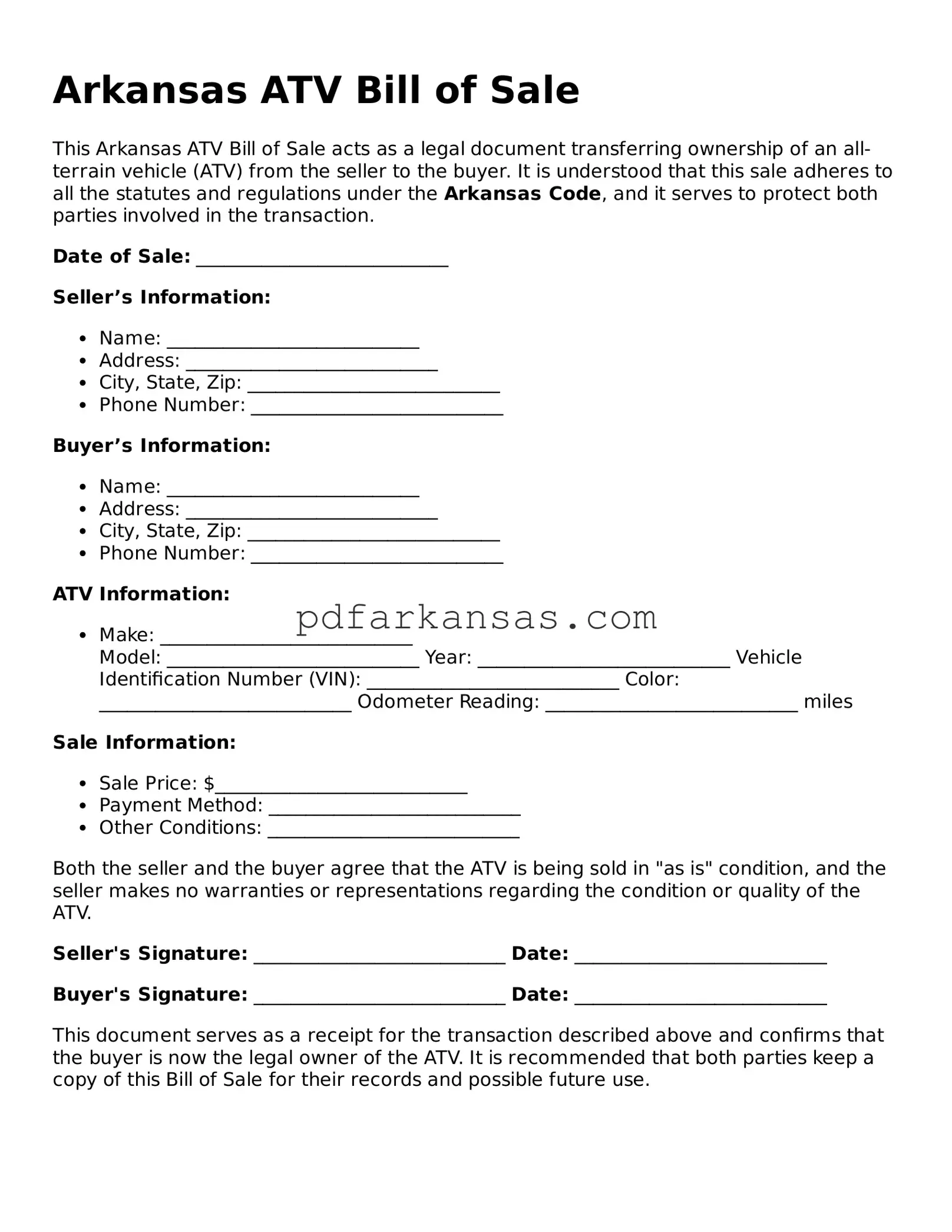 Attorney-Approved  ATV Bill of Sale Form for Arkansas