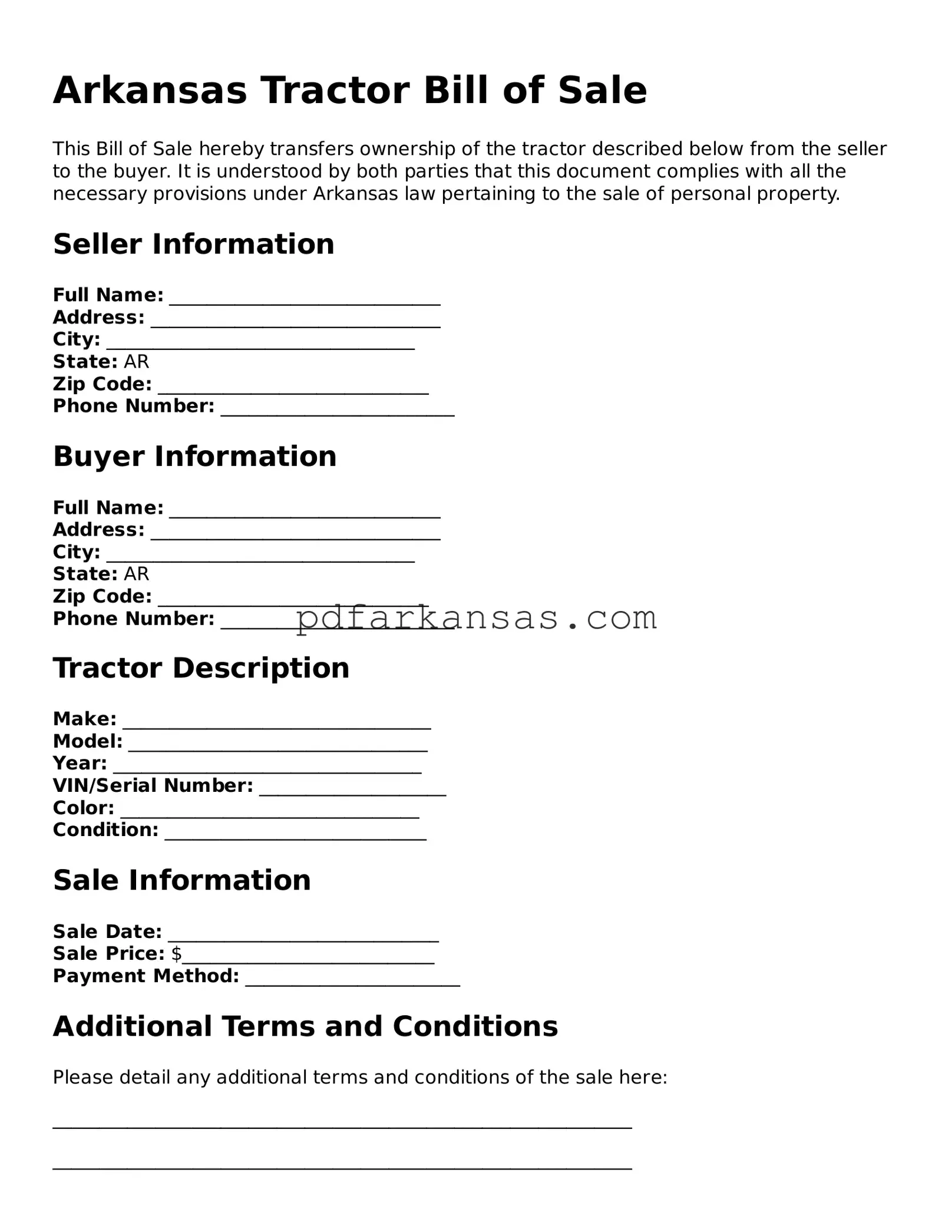 Attorney-Approved  Tractor Bill of Sale Form for Arkansas