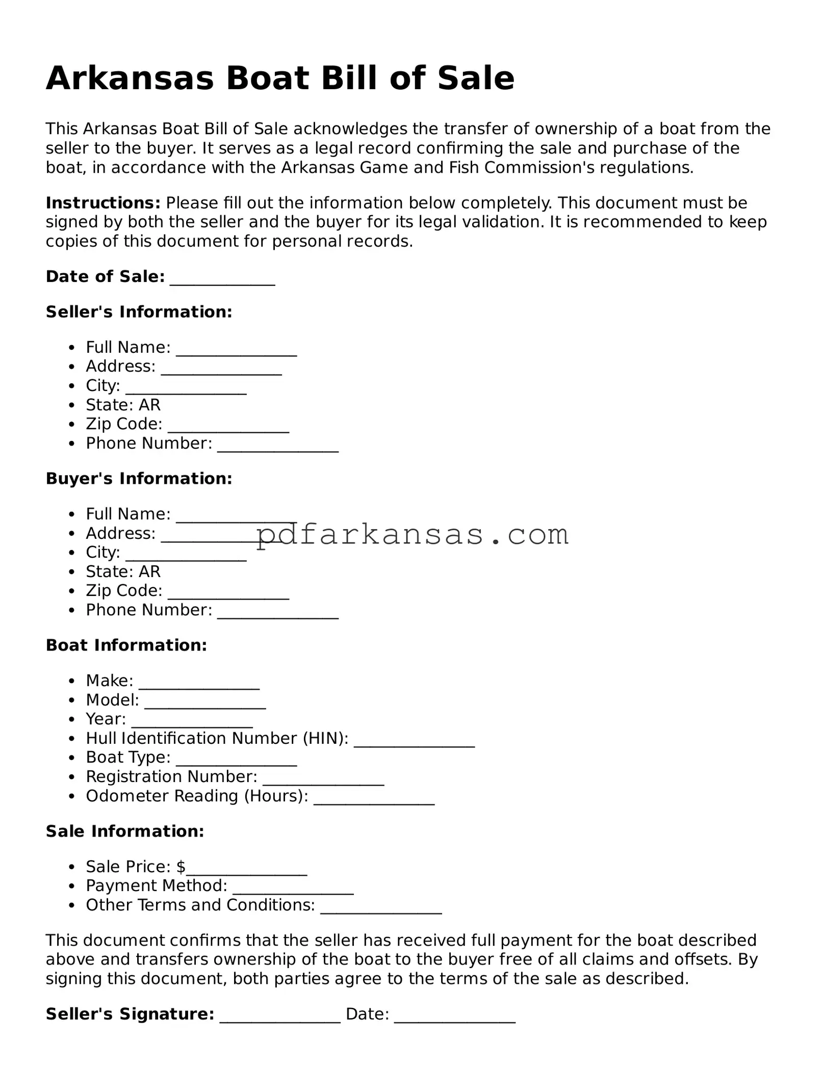 Attorney-Approved  Boat Bill of Sale Form for Arkansas