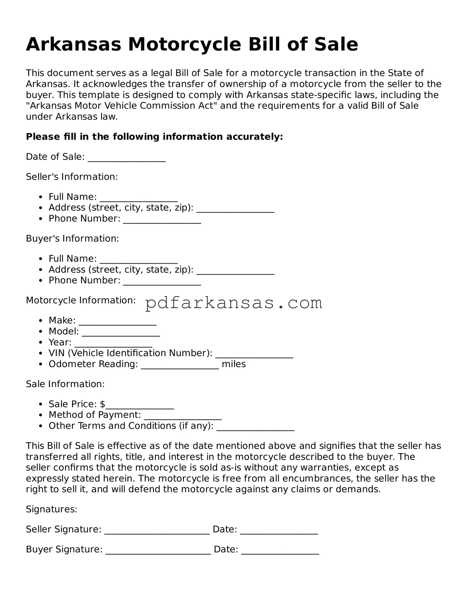 Attorney-Approved  Motorcycle Bill of Sale Form for Arkansas