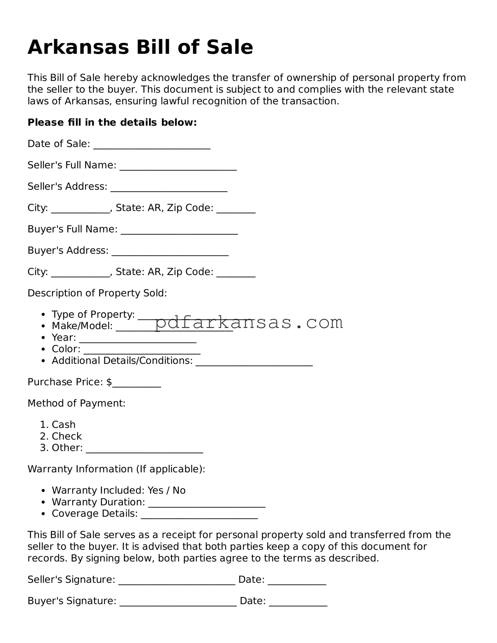 Attorney-Approved  Bill of Sale Form for Arkansas