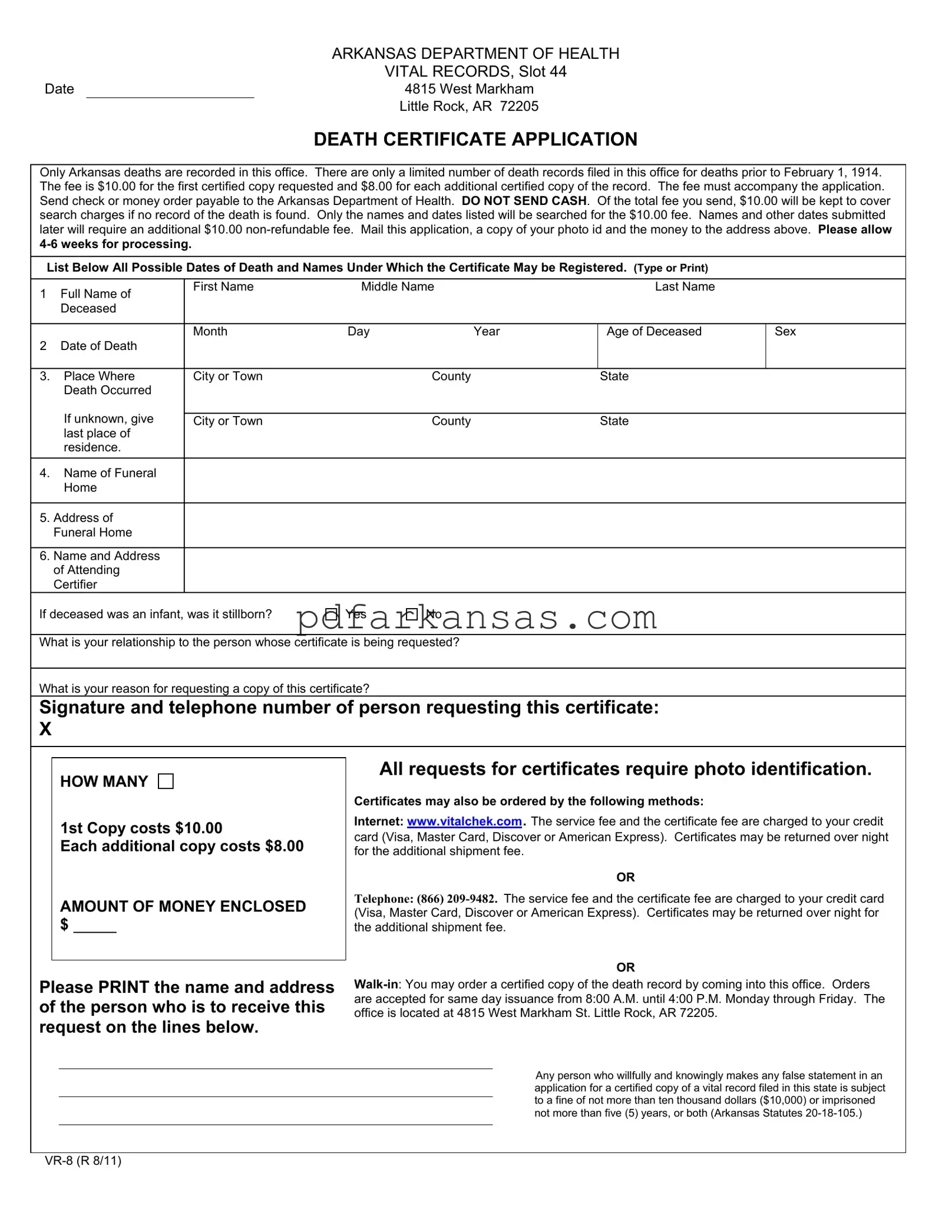 Fill in a Valid Arkansas Death Certificate Application Form