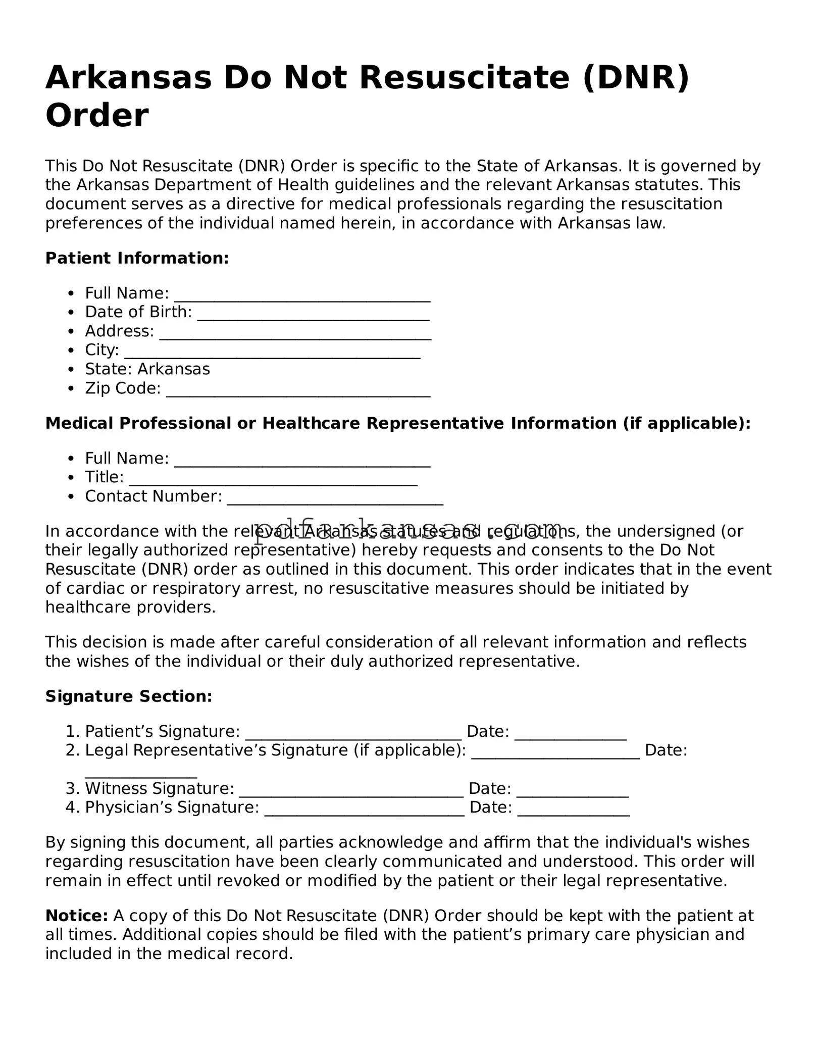 Attorney-Approved  Do Not Resuscitate Order Form for Arkansas