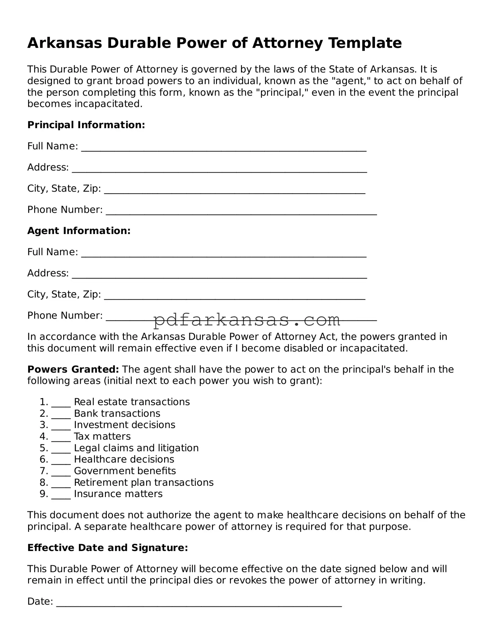 Attorney-Approved  Durable Power of Attorney Form for Arkansas