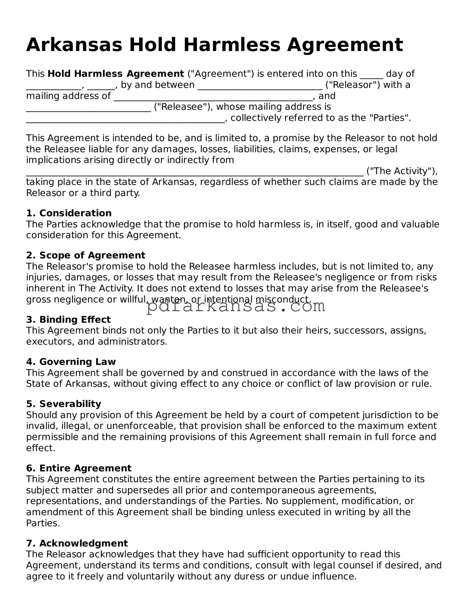 Attorney-Approved  Hold Harmless Agreement Form for Arkansas