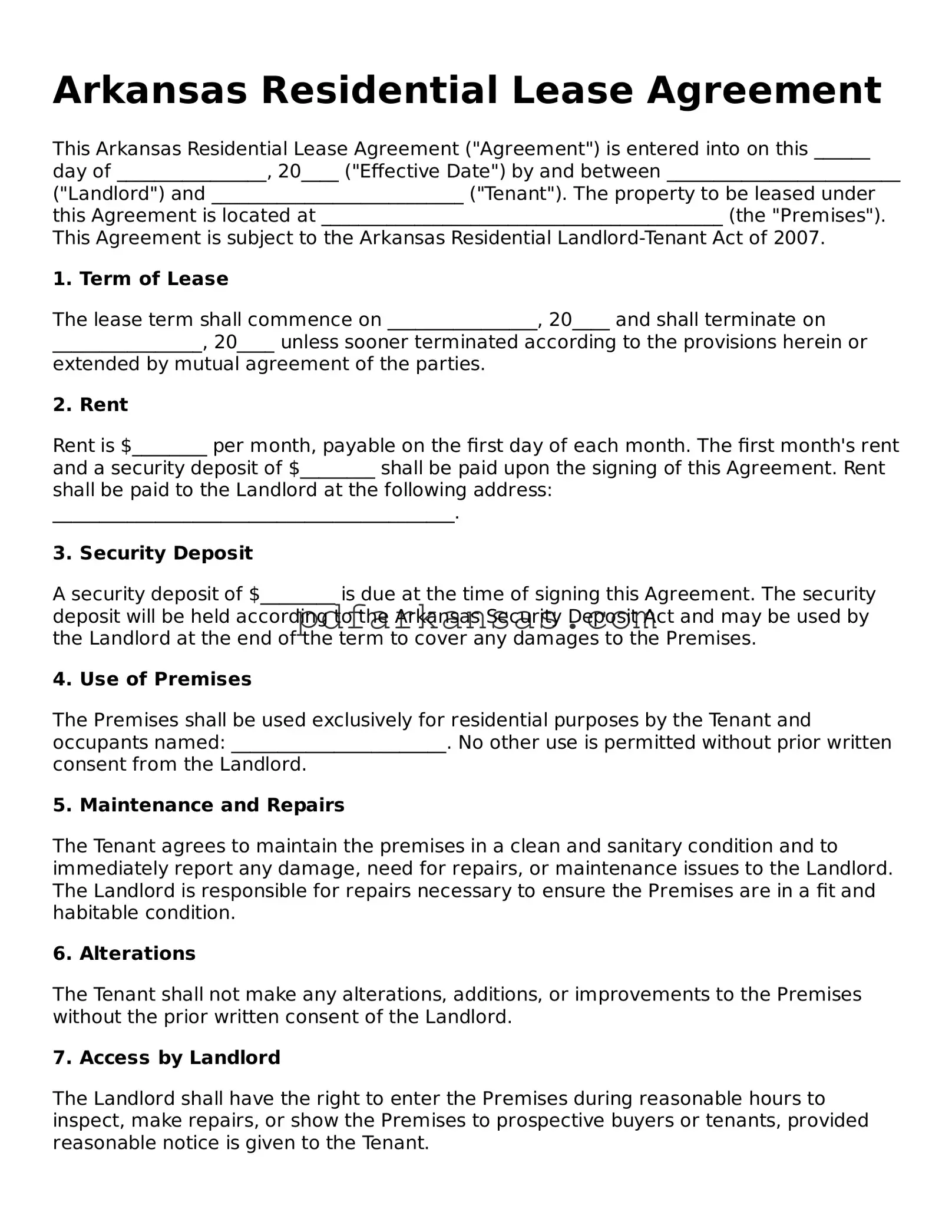 Attorney-Approved  Residential Lease Agreement Form for Arkansas