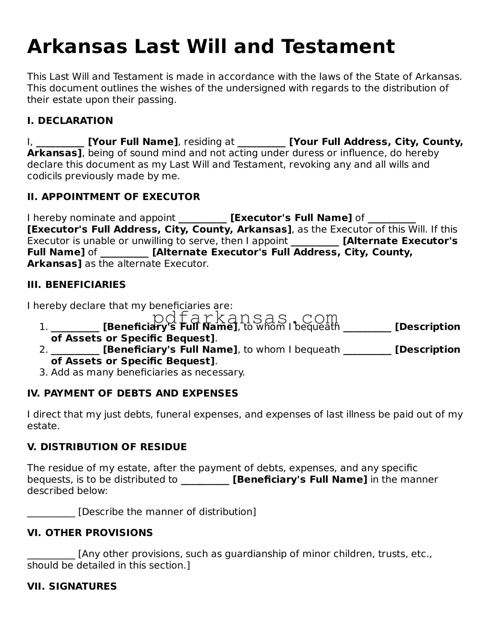 Attorney-Approved  Last Will and Testament Form for Arkansas