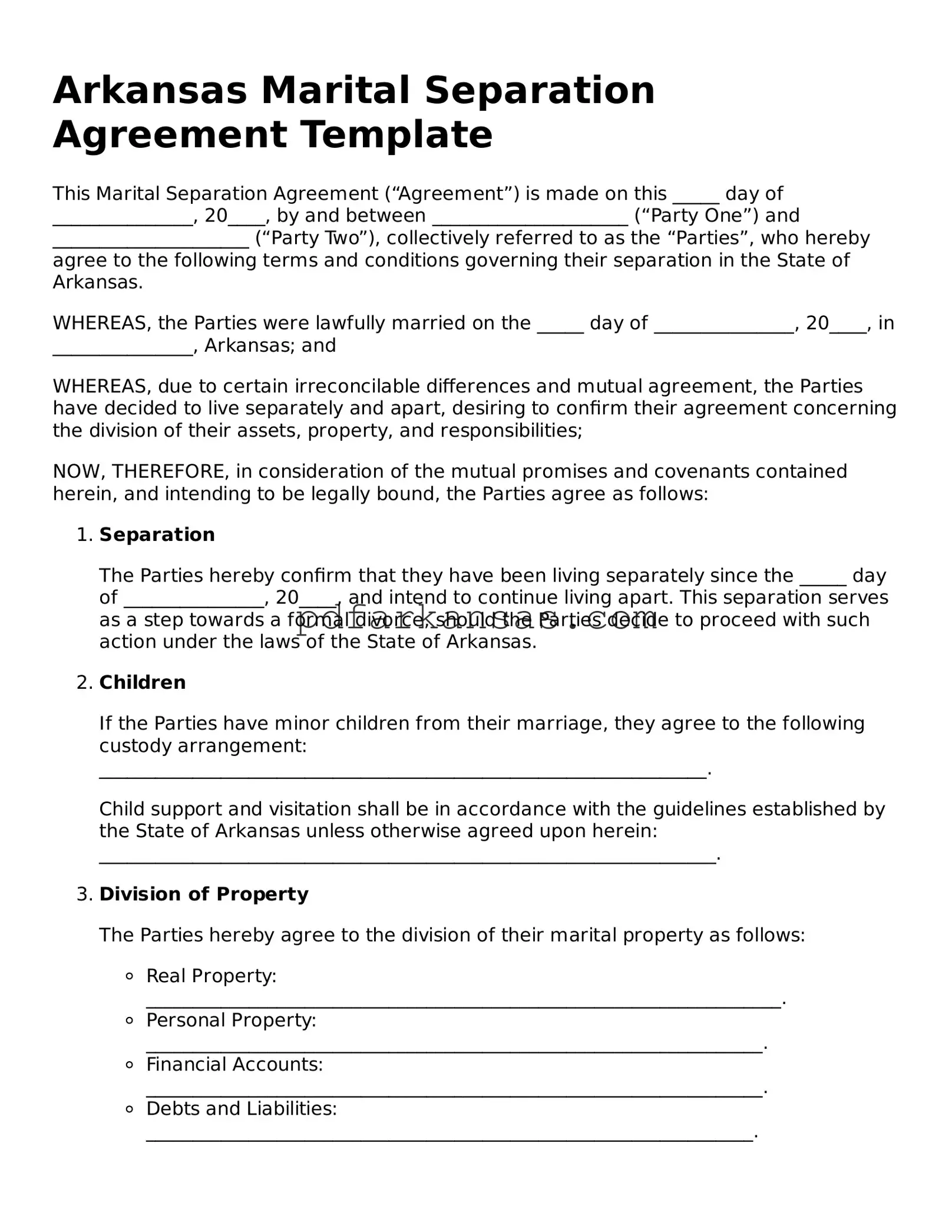 Attorney-Approved  Marital Separation Agreement Form for Arkansas