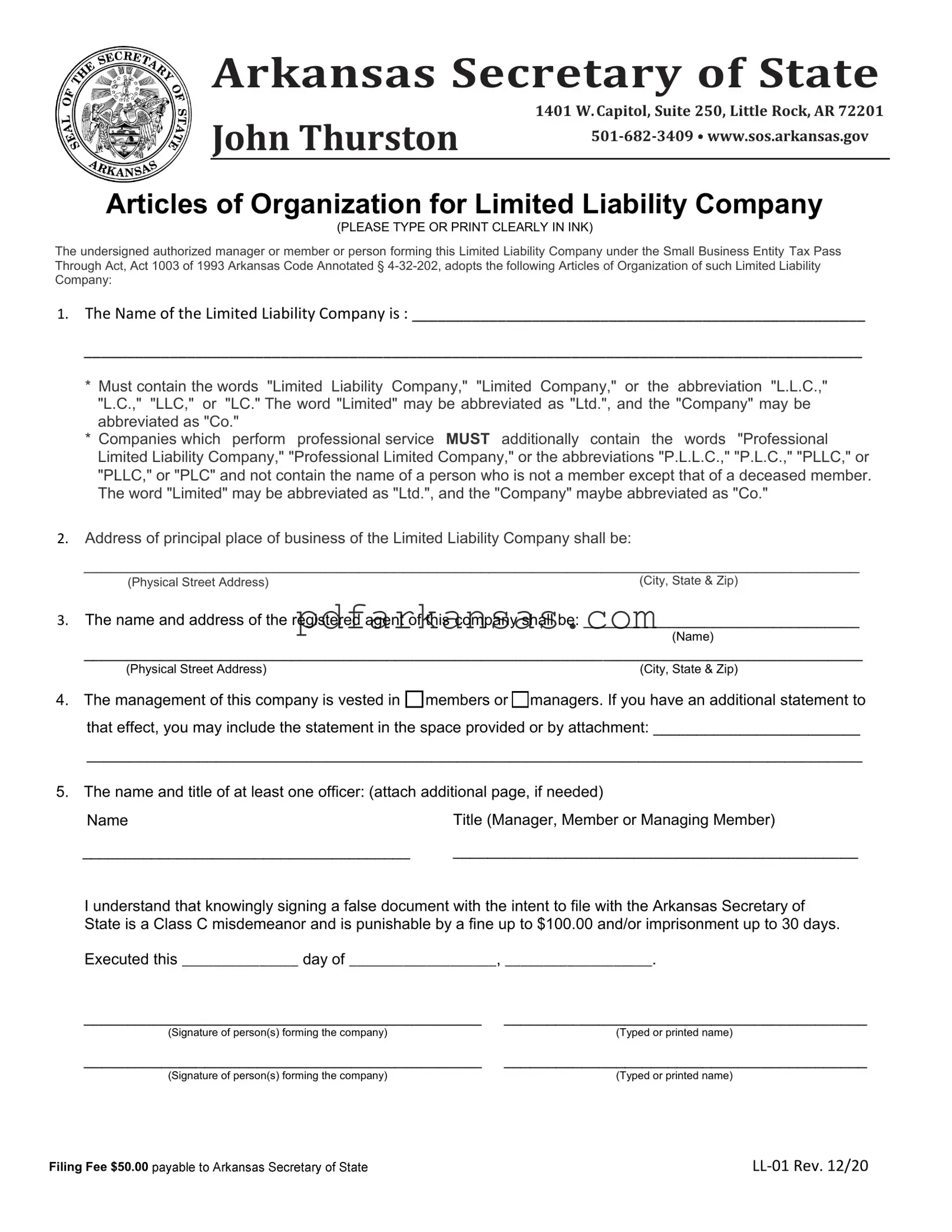 Fill in a Valid Arkansas Ll 01 Form