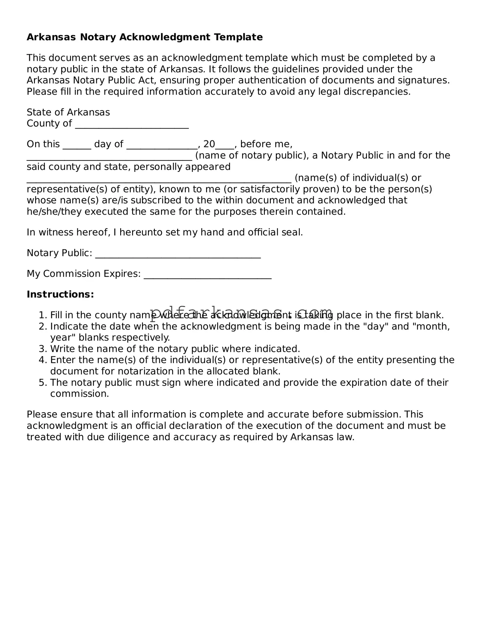Attorney-Approved  Notary Acknowledgement Form for Arkansas