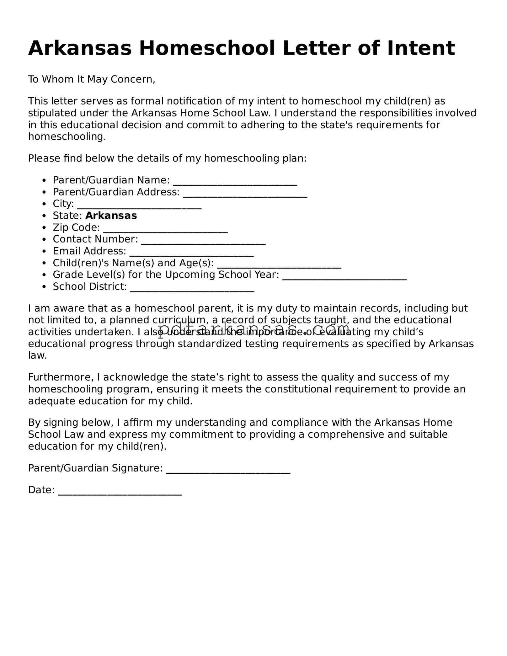 Attorney-Approved  Homeschool Letter of Intent Form for Arkansas