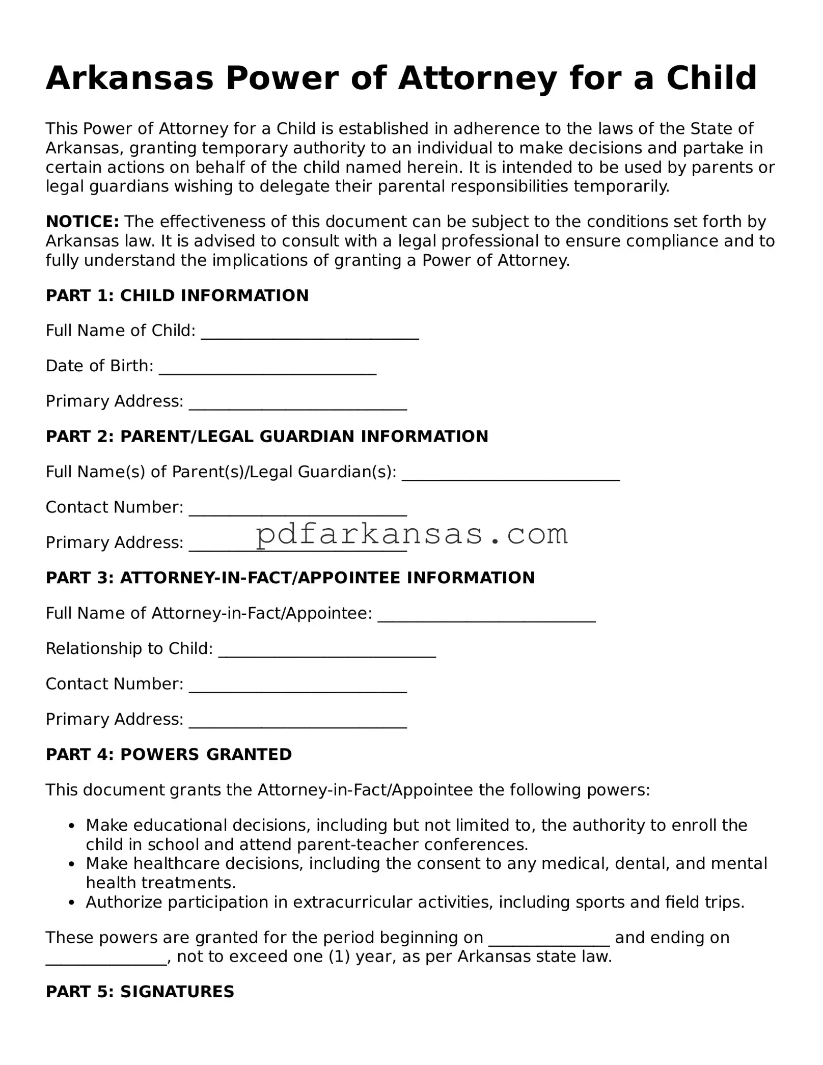 Attorney-Approved  Power of Attorney for a Child Form for Arkansas