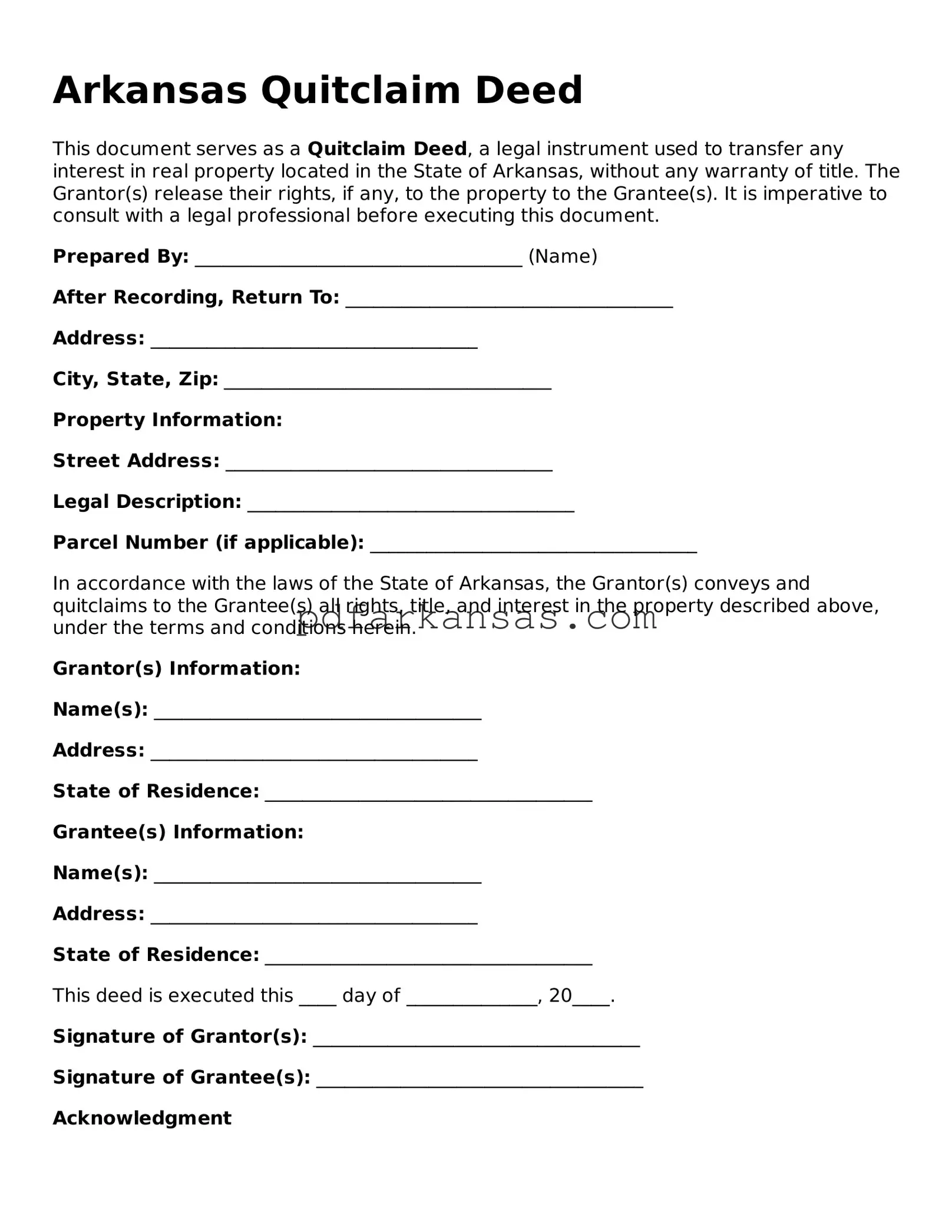 Attorney-Approved  Quitclaim Deed Form for Arkansas