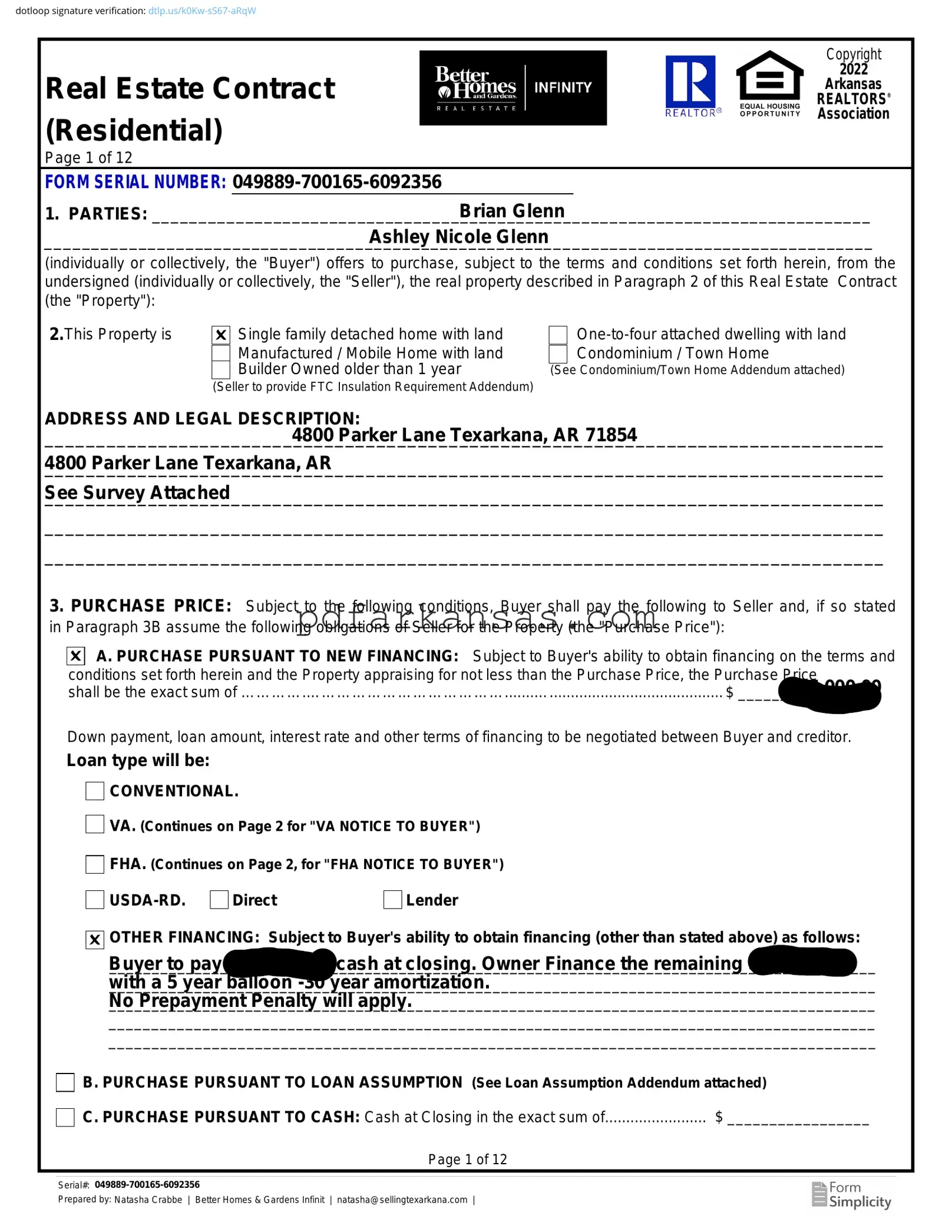 Fill in a Valid Arkansas Real Estate Contract Residential Form
