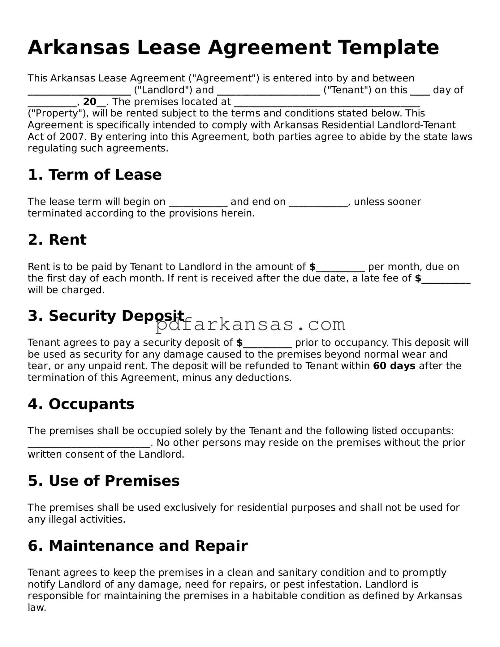 Attorney-Approved  Lease Agreement Form for Arkansas