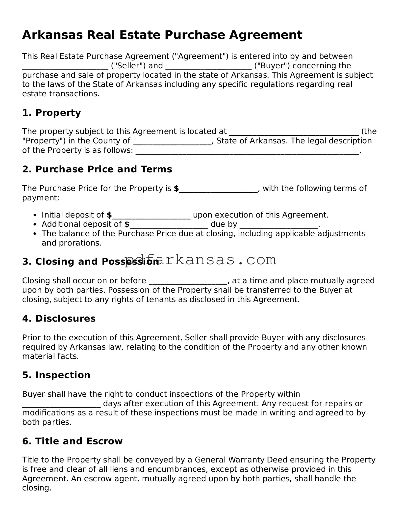 Attorney-Approved  Real Estate Purchase Agreement Form for Arkansas