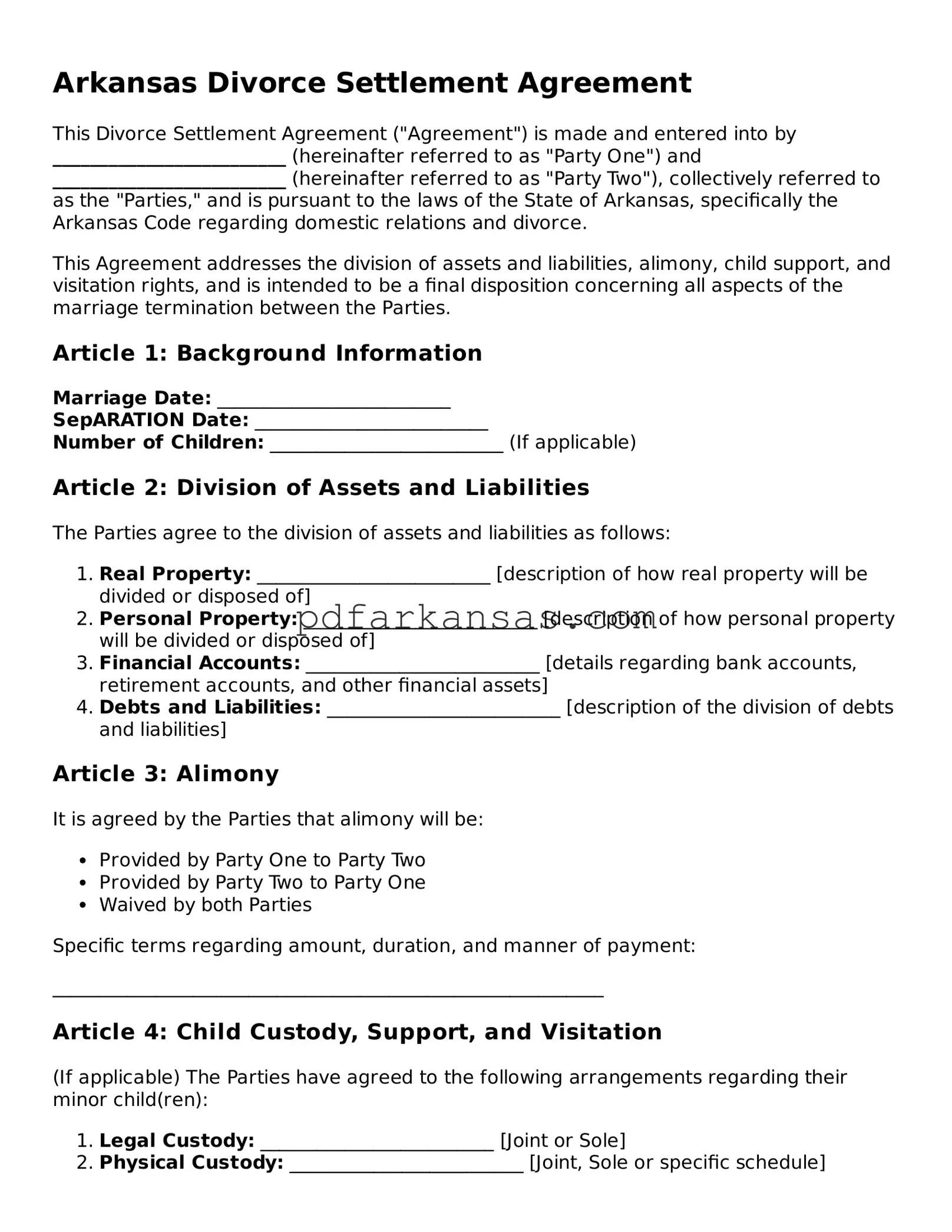 Attorney-Approved  Divorce Settlement Agreement Form for Arkansas