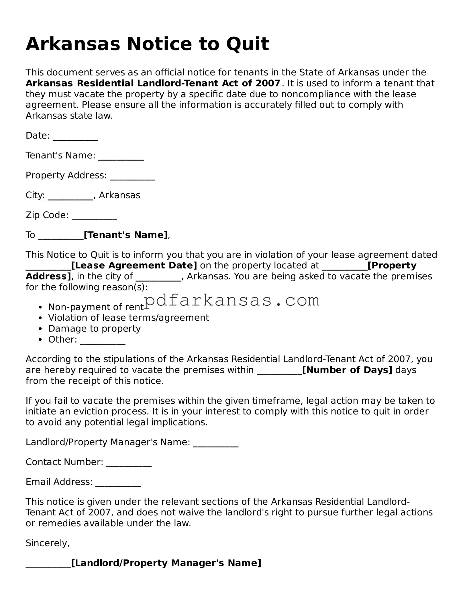 Attorney-Approved  Notice to Quit Form for Arkansas