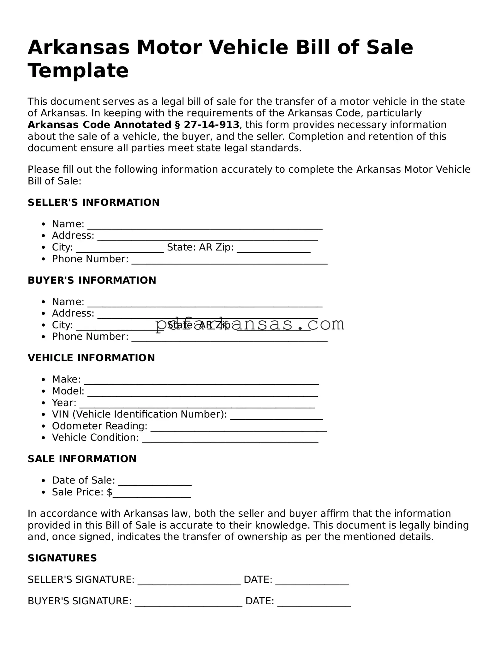 Attorney-Approved  Motor Vehicle Bill of Sale Form for Arkansas