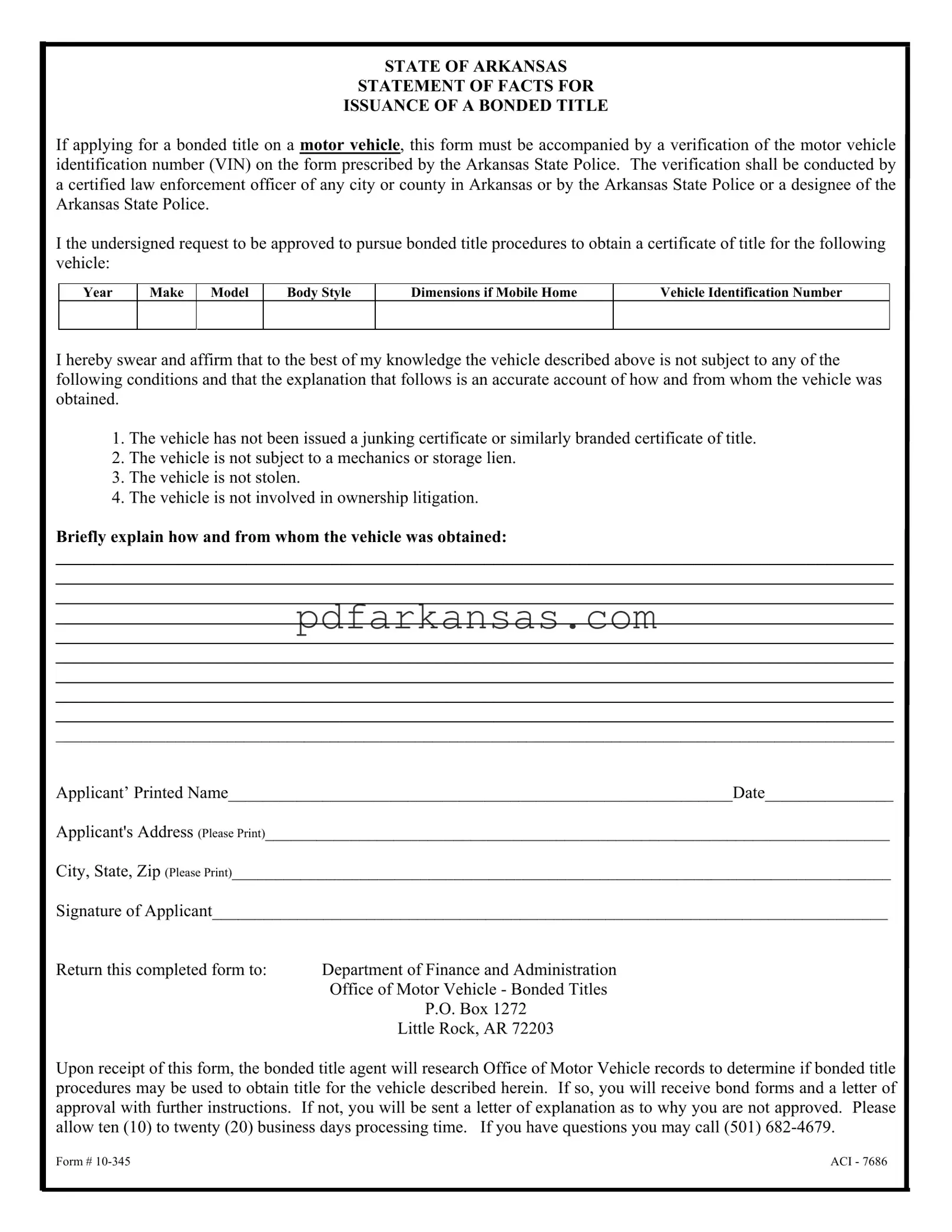 Fill in a Valid Bonded Title Arkansas Form