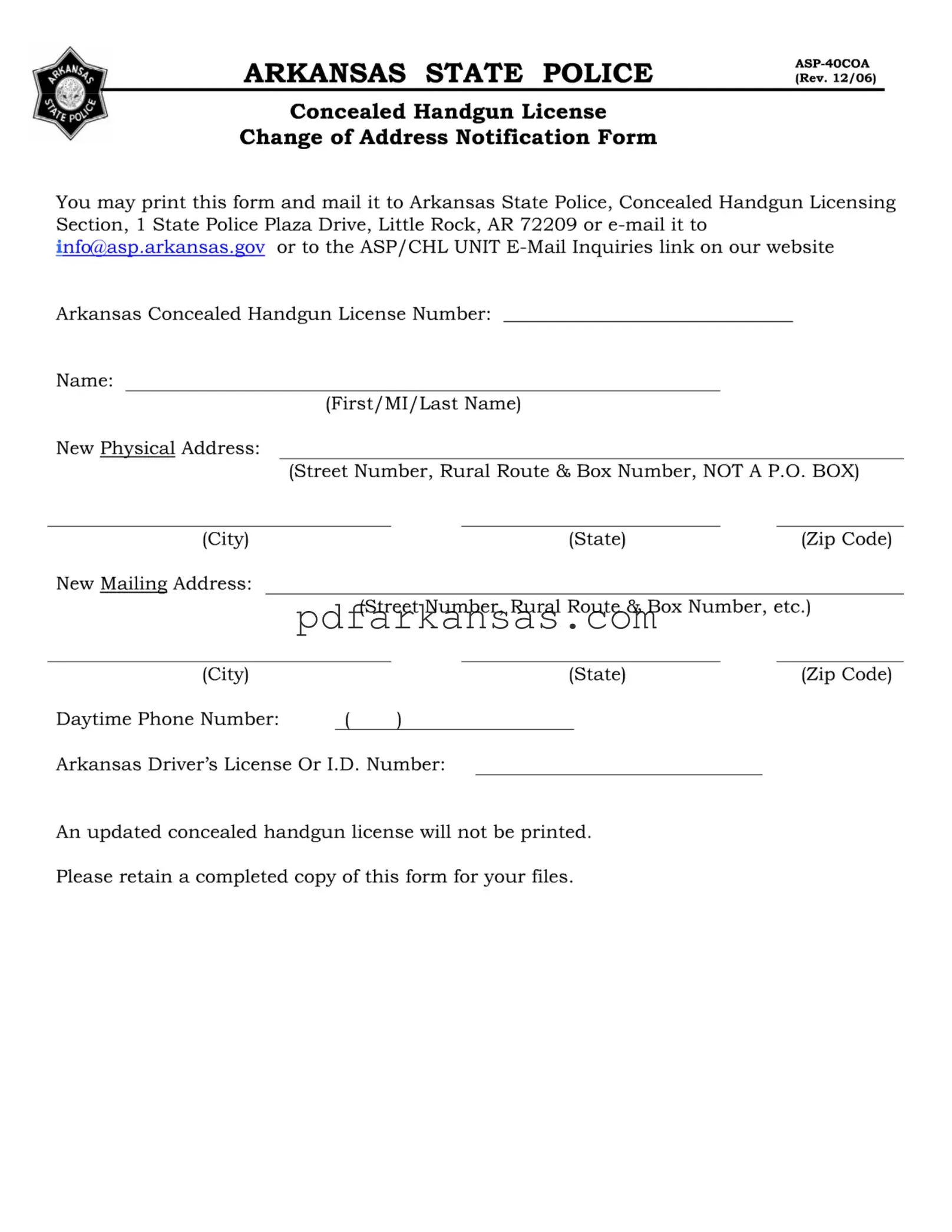 Fill in a Valid Change Address Ccw In Arkansas Form
