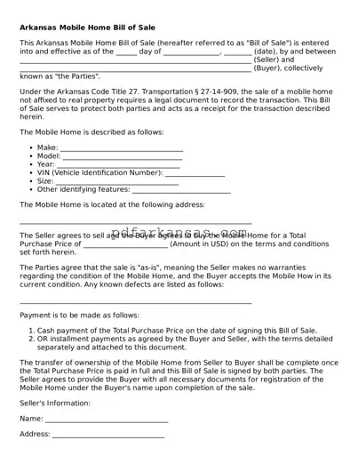 Attorney-Approved  Mobile Home Bill of Sale Form for Arkansas