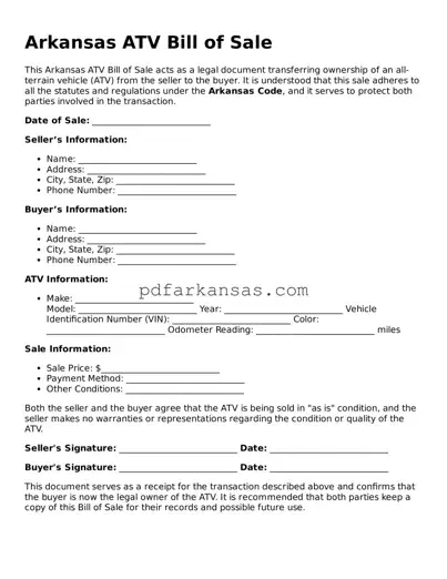 Attorney-Approved  ATV Bill of Sale Form for Arkansas