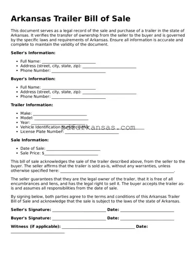 Attorney-Approved  Trailer Bill of Sale Form for Arkansas