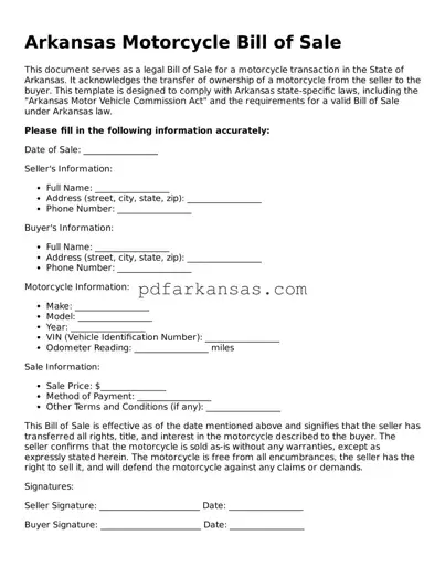 Attorney-Approved  Motorcycle Bill of Sale Form for Arkansas