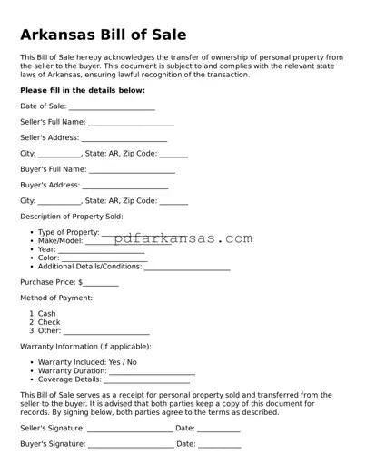 Attorney-Approved  Bill of Sale Form for Arkansas