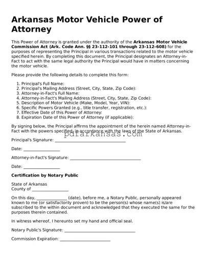 Attorney-Approved  Motor Vehicle Power of Attorney Form for Arkansas