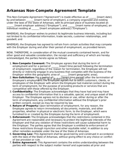 Attorney-Approved  Non-compete Agreement Form for Arkansas
