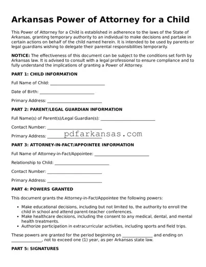 Attorney-Approved  Power of Attorney for a Child Form for Arkansas