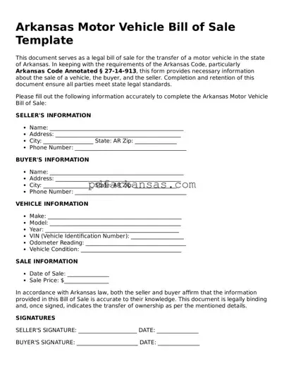 Attorney-Approved  Motor Vehicle Bill of Sale Form for Arkansas